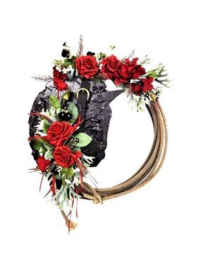 Artificial Floral Wreath With Red Roses & Greenery On Black Textured Base & Rope